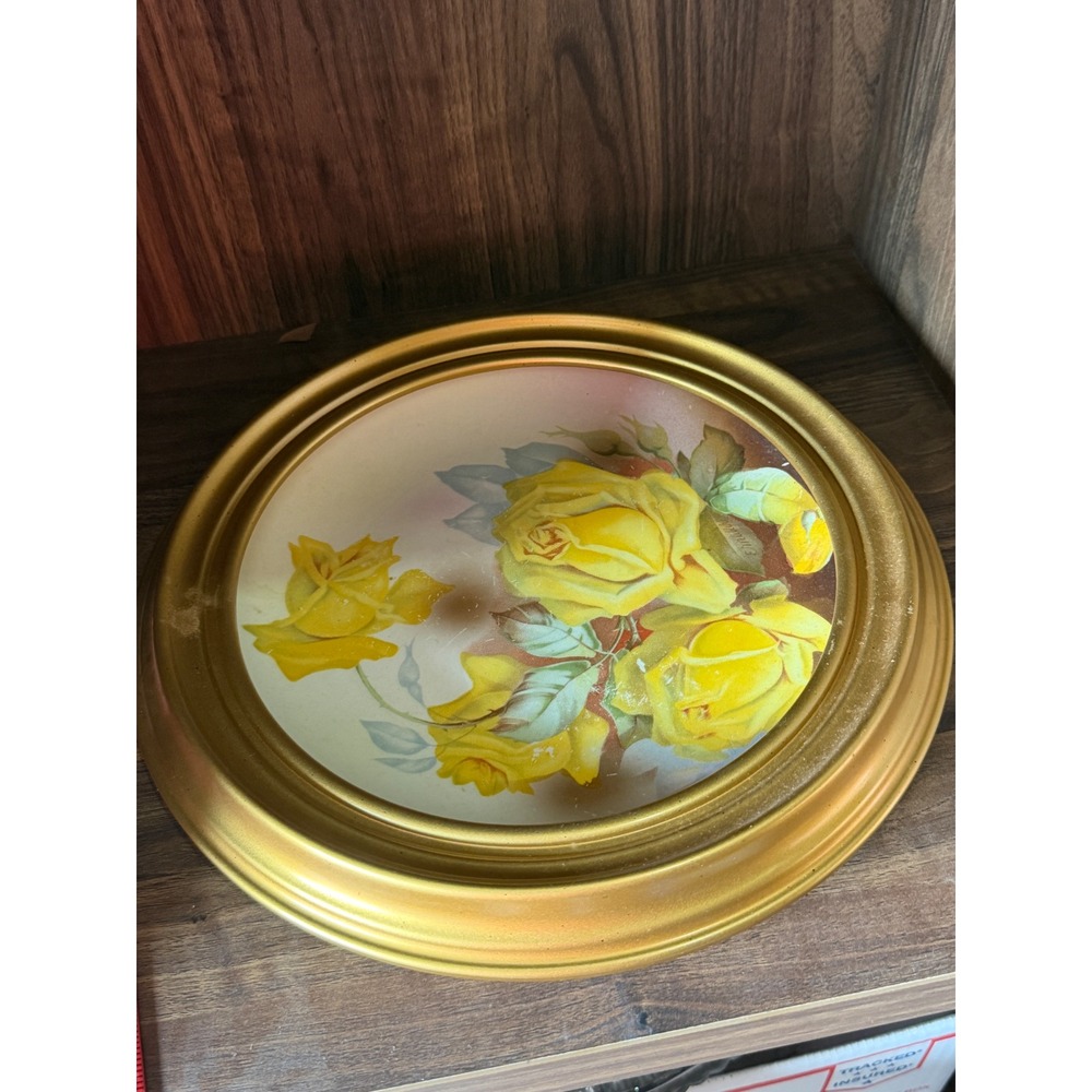Vintage E Muller Signed Yellow Rose Porcelain Framed Wall Plate Plaque 11.5in